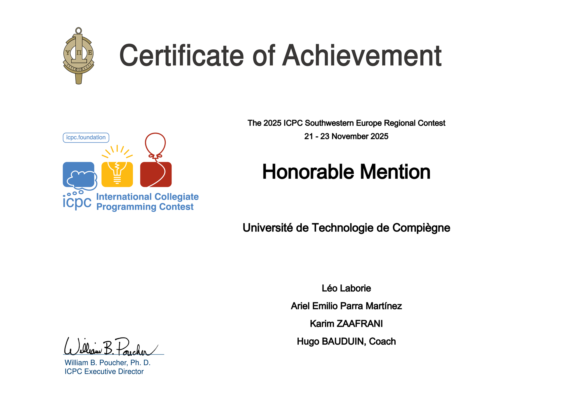 Honorable Mention - 2025 ICPC SWERC image