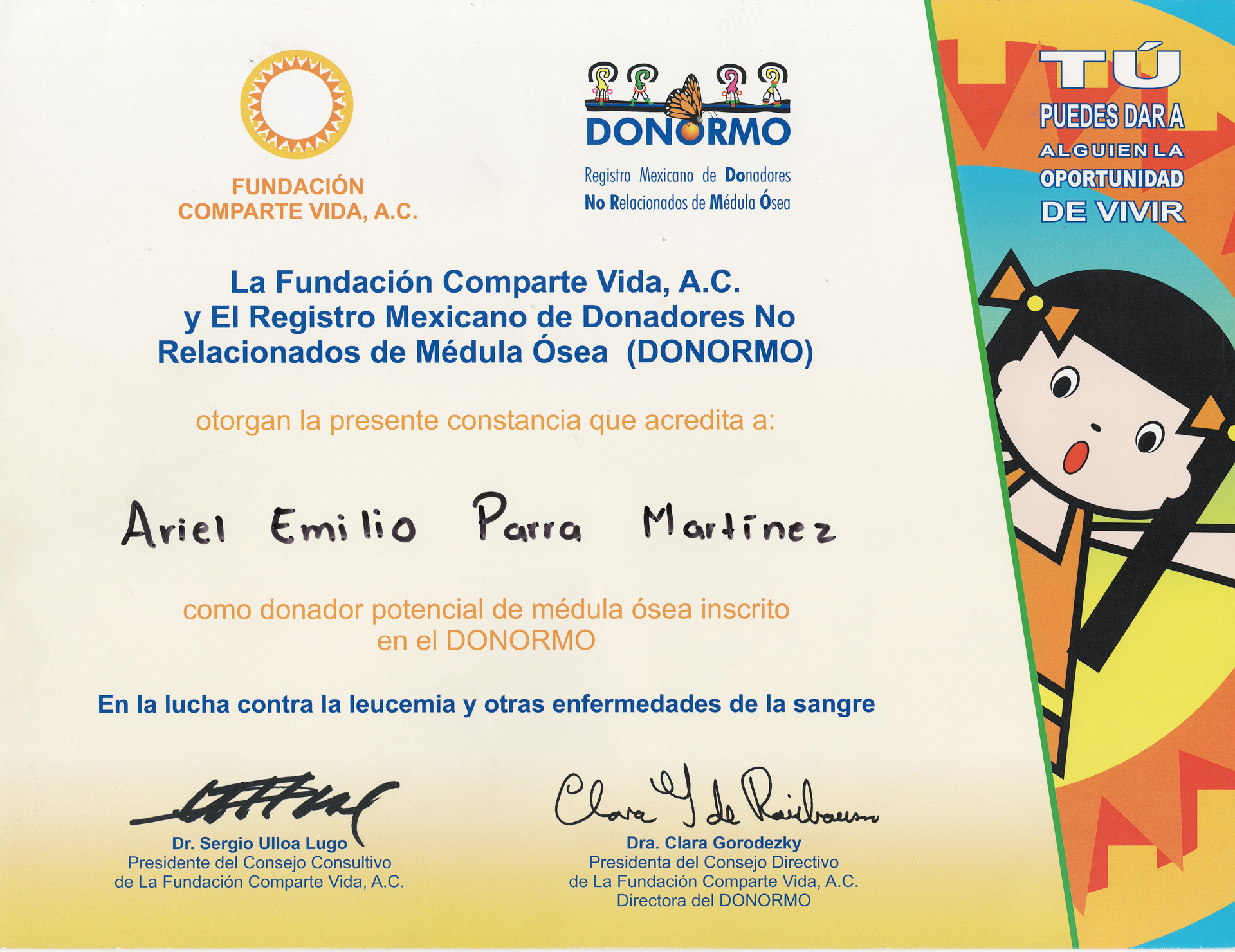 Registered Potential Bone Marrow Donor Certificate image